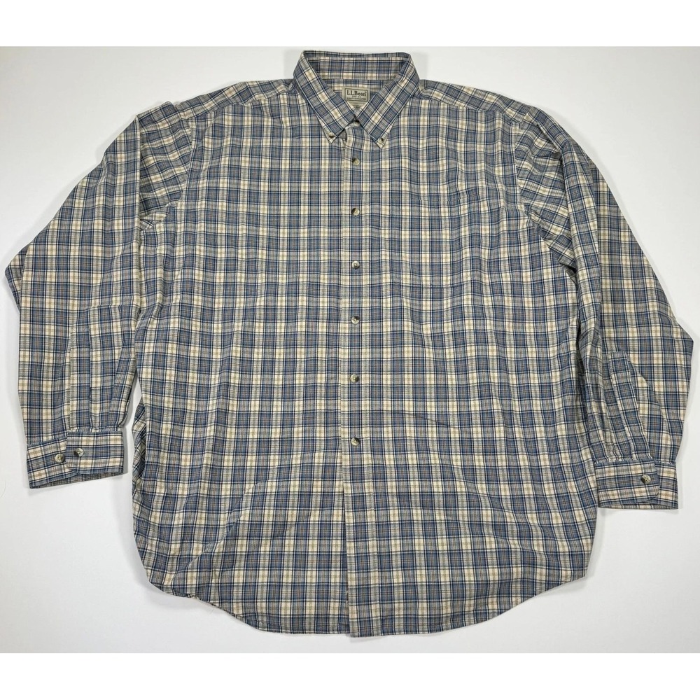 LL Bean Flannel Shirt Mens XL Blue Tan Plaid Cotton Button Down Outdoor Hunting